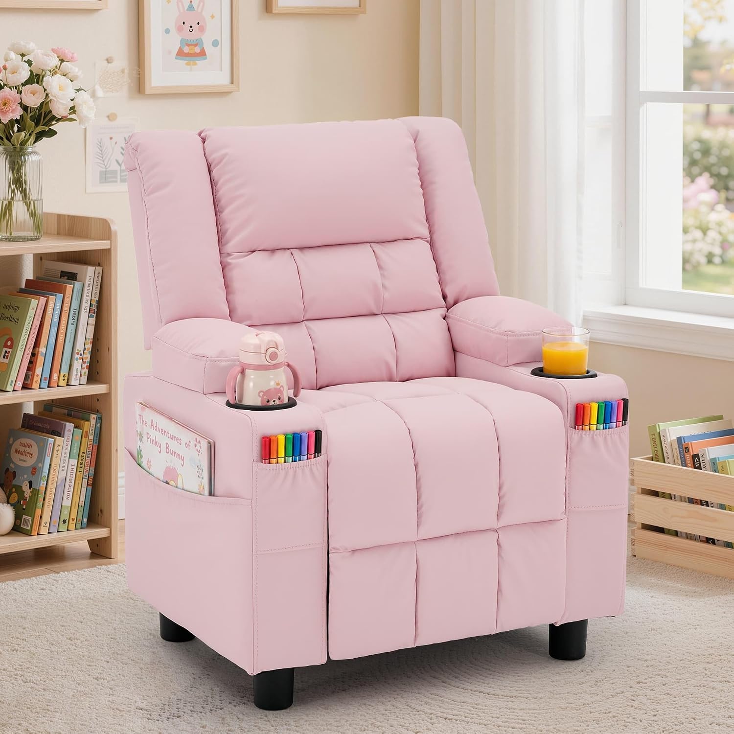 Korser Kids Recliner Chair, Toddler Recliners with Adjustable Push Back Design, Kids Recliner Sofa with Cup Holder, Footrest & Side Pockets for Boys Girls Room. (Pink, 110 lbs Capacity)