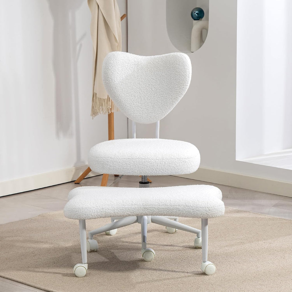 Teddy Cross Legged Office Chair with Wheels, Ivory 360° Rotation Meditation Criss Chair, Height Adjustable Backrest and Wider Seat, Yoga Office ADHD Chair for Adults (Beige)