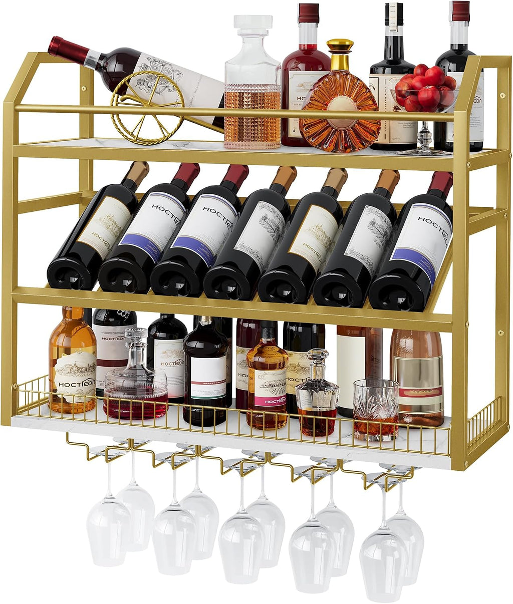 Hoctieon Wall Mount Wine Rack, Wall Mounted Wine Bottle Rack for Display and Storage, Hanging Bottle Holder, for Living Room, Dining Room, Bar, Wine Cellar, Gold&White