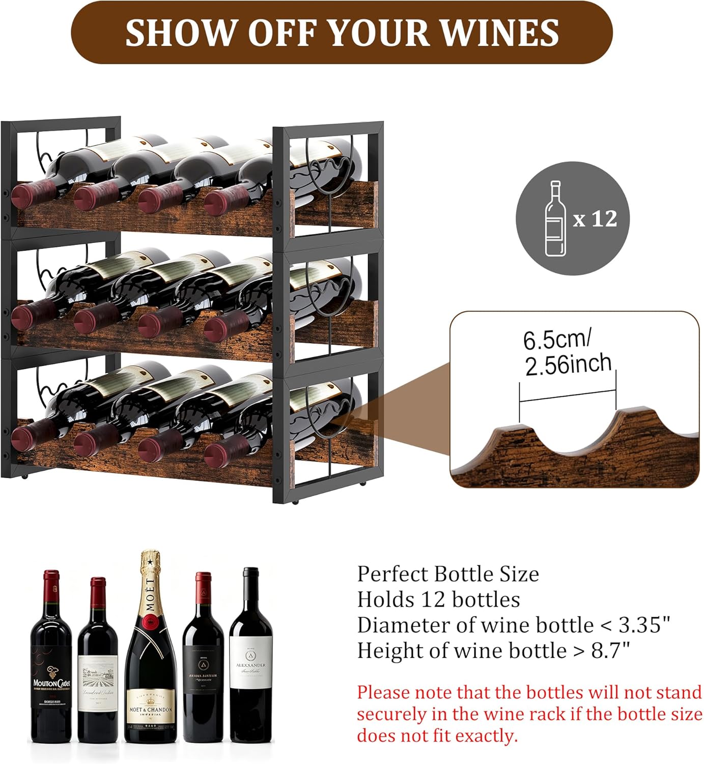 TQVAI Small Wine Racks 12 Bottle Countertop 3 Tier Wine Holder Bottle Storage Stackable Wine Racks Free Standing, Antique Brown