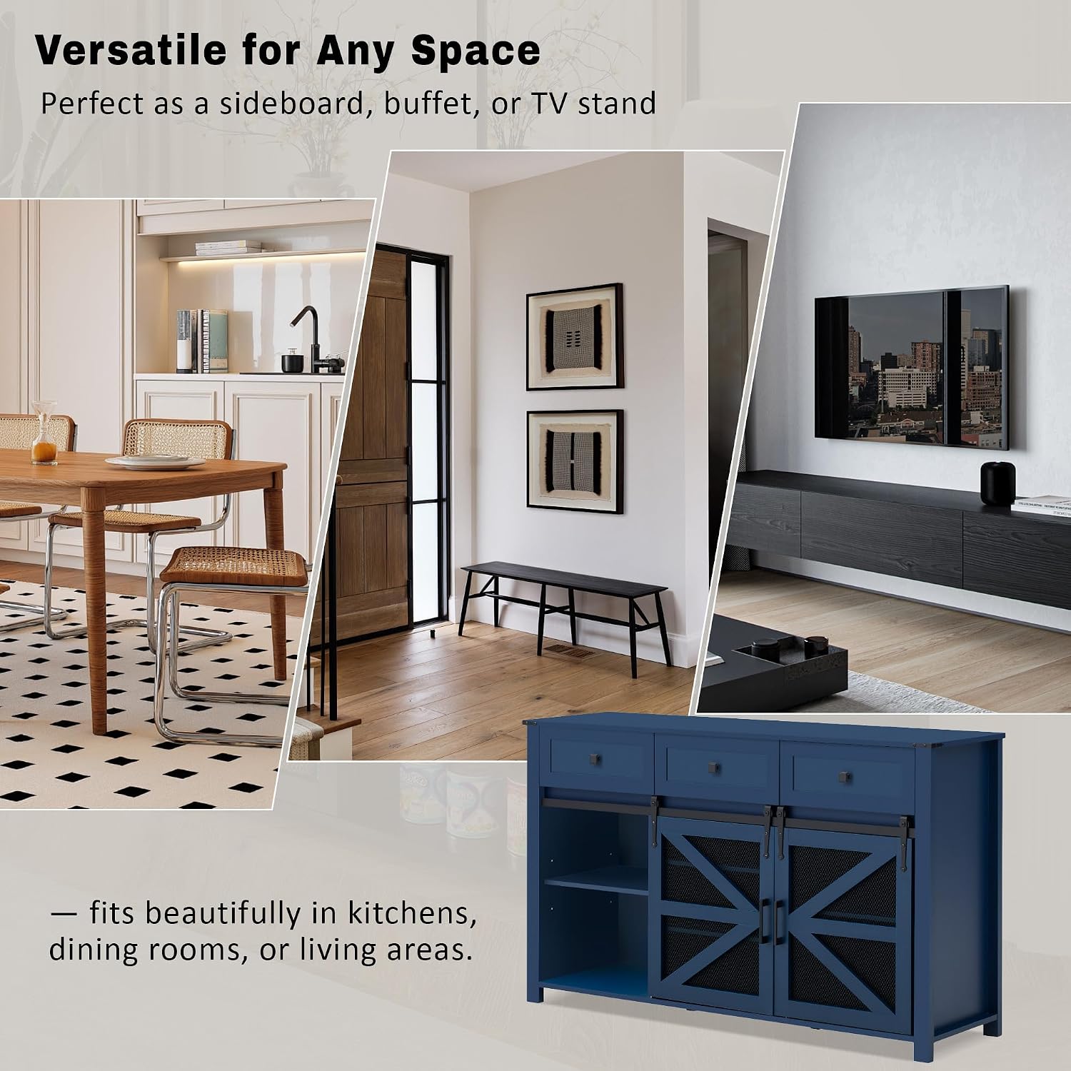 Virubi 55 in Sideboard Buffet Cabinet with Storage,Sliding Barn Doors,3 Drawers and Shelves,Farmhouse Coffee Bar Cabinet for Living Room,Hallway,Entryway,Navy Blue