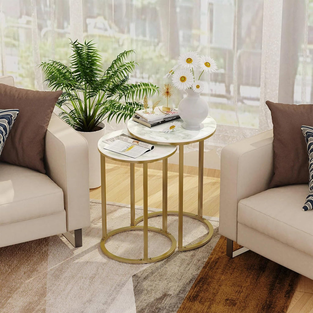 Set of 2 Modern Round Marble Metal Base Nesting Set Side Accent Table Living Room Storage Small End Table Coffee Table, Marble and Gold