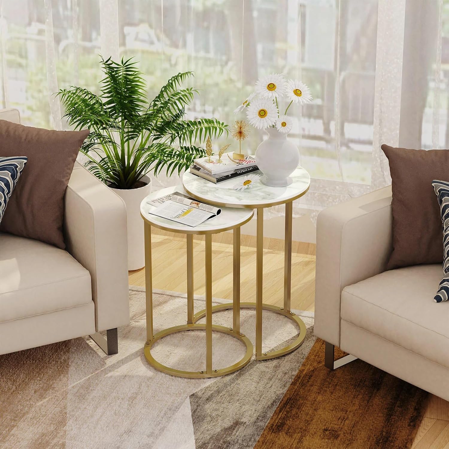 Set of 2 Modern Round Marble Metal Base Nesting Set Side Accent Table Living Room Storage Small End Table Coffee Table, Marble and Gold