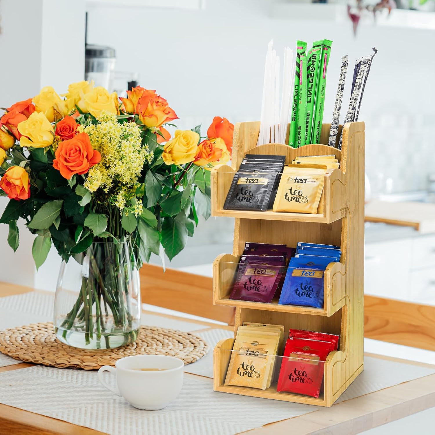 3 Tier Bamboo Coffee Condiment Station, 6 Compartments Coffee Tea Holder with Removable Acrylic Front Wall, Tabletop Organizer Sugar Pod Utensil for Countertop, Office, Home, Kitchen
