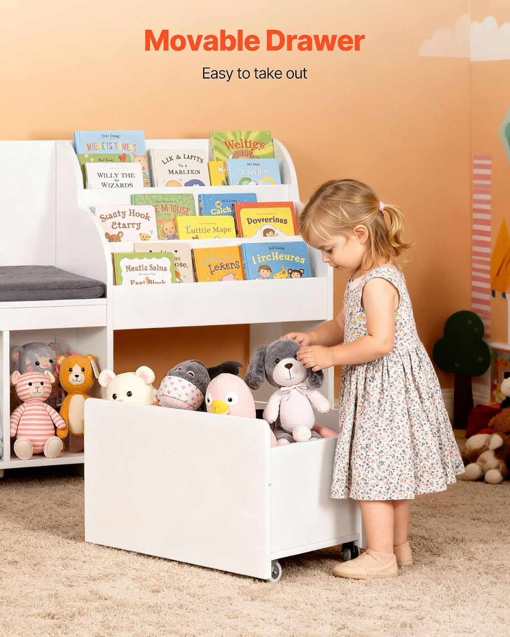 VEVOR Kids Reading Nook, Wooden Storage Bench with Backrest, Kids Bookshelf & Toy Organizer, Large Toy Box Chest for Playroom, Living Room or Entryway, Easy Assembly, 66.9 x 15.8 x 31.5 in, White