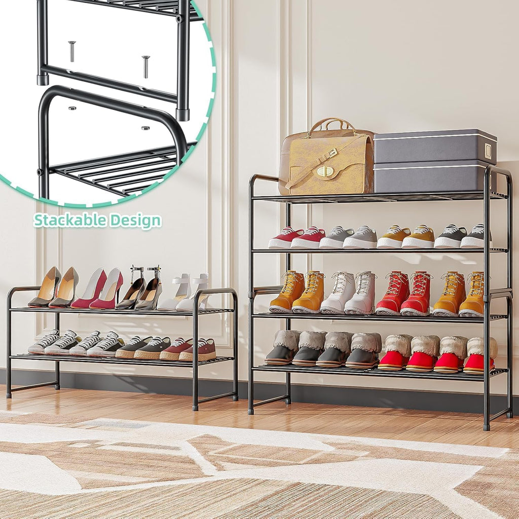 2 Pack Shoe Rack, 2-Tier Metal Stackable Shoe Shelf Storage Organizer, Heavy Duty Wire Shoe Stand for Entryway, Closet, Hallway, Holds 50 LBS, Black