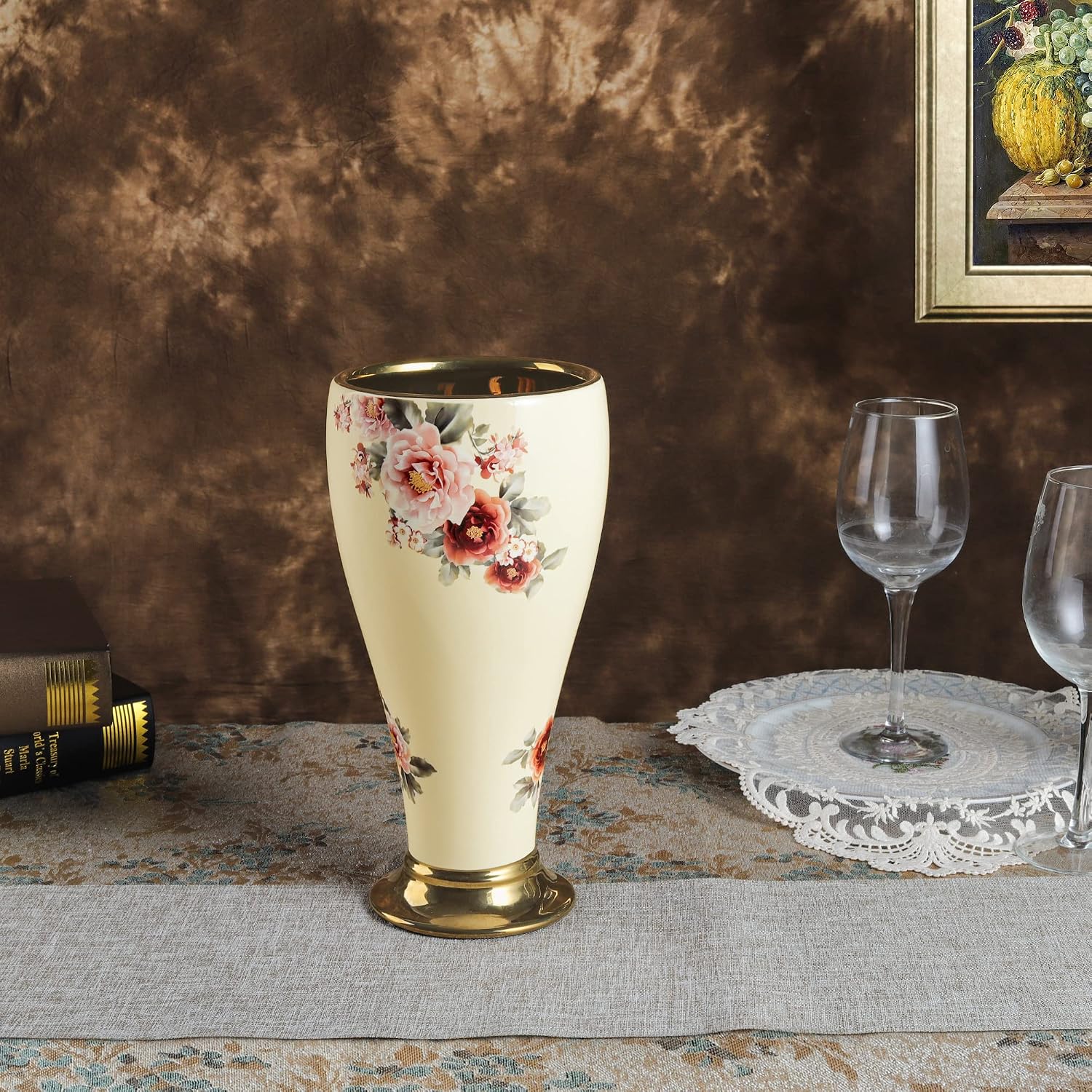 fanquare 12" Gold Floral Ceramic Vase for Home Decor, Vintage Small Vase for Centerpiece, Wedding Decor, Shelf, Decorative Vase for Flowers