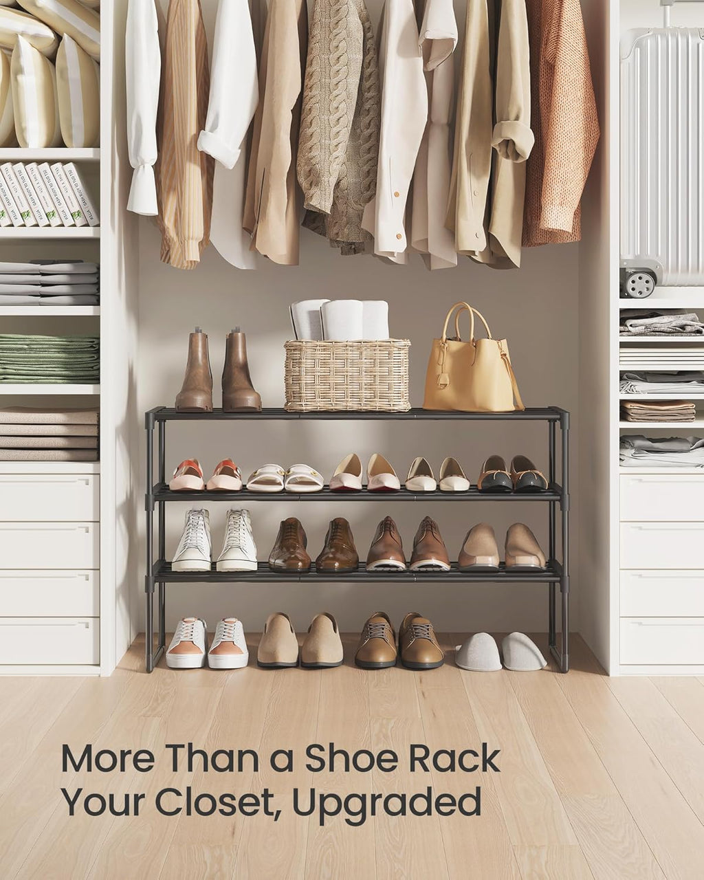 SONGMICS Shoe Rack, 3-Tier Shoe Organizer, Metal Storage Shelf, Upright or Upside Down, for 16-20 Pairs, Stackable, for Entryway, 11.8 x 36.2 x 21.7 Inches, Black ULSA303B02