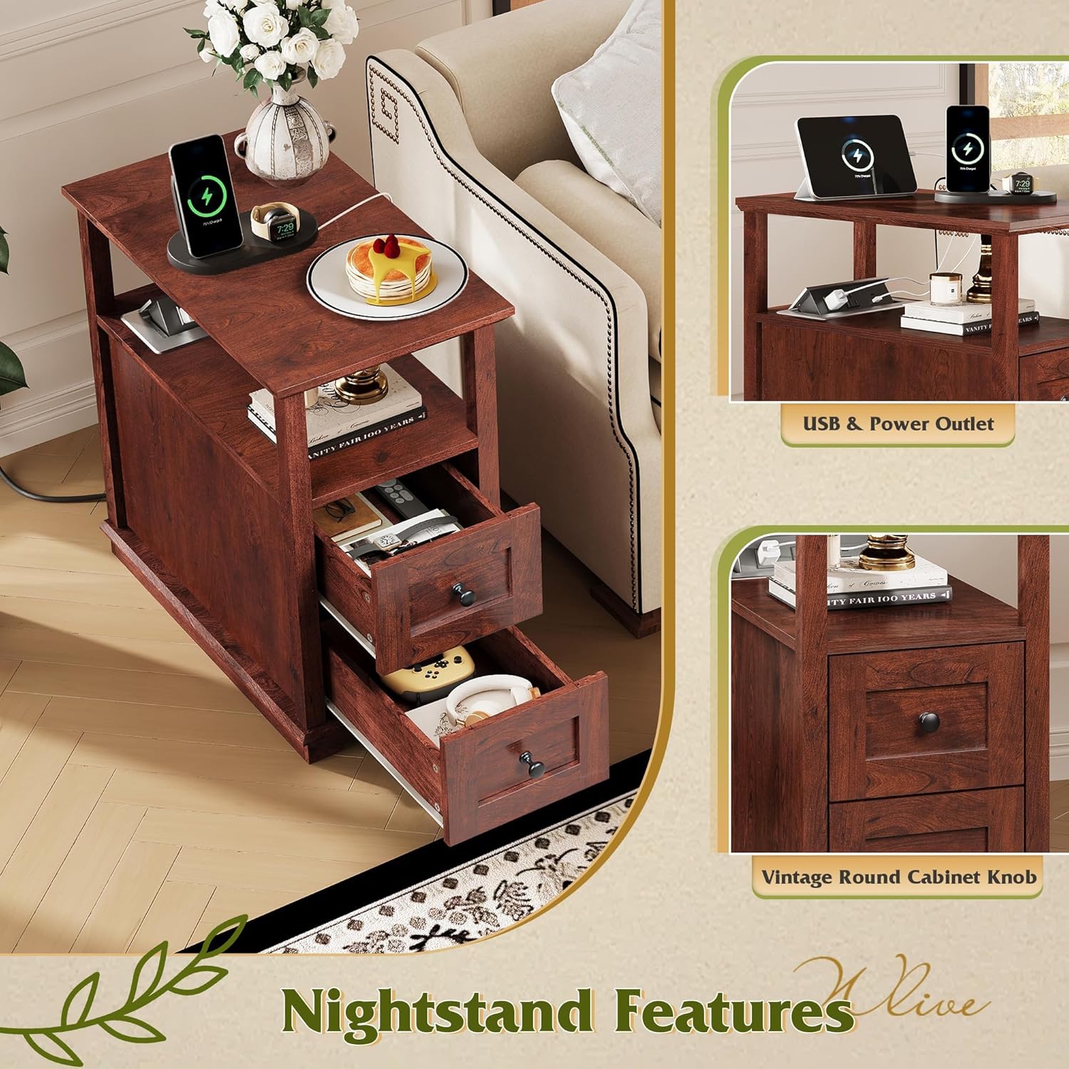 WLIVE End Table with Charging Station, Narrow Side Table for Living Room, Farmhouse Nightstand with Storage, Small Wooden Cabinet with USB Ports and Outlets for Living Room and Bedroom, Cherry