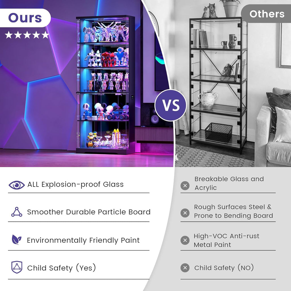 Dystler Glass Display Cabinet with Doors, 69" Tall RGB LED Curio Cabinet with 5-Tier Wooden Shelves for Collectibles, Lockable Display Case for Living Room (1, Black)