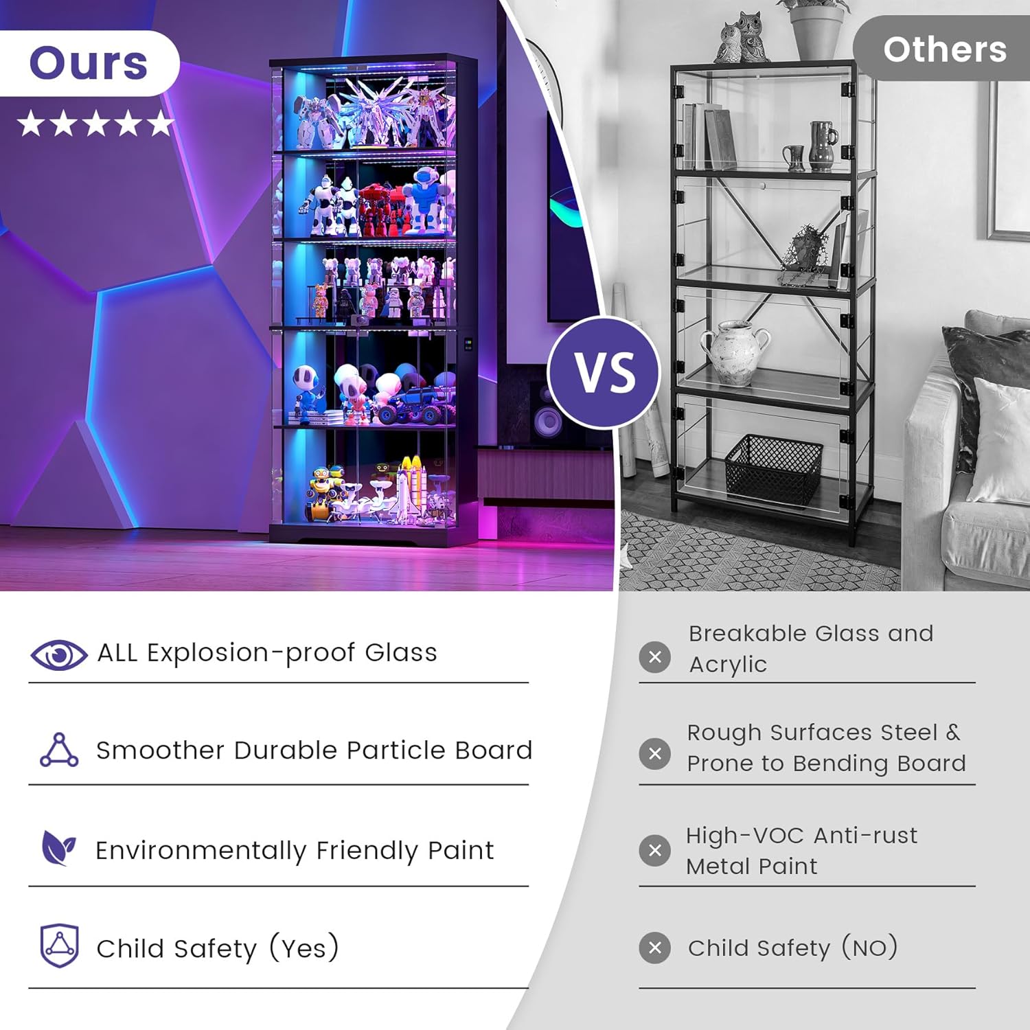 Dystler Glass Display Cabinet with Doors, 69" Tall RGB LED Curio Cabinet with 5-Tier Wooden Shelves for Collectibles, Lockable Display Case for Living Room (1, Black)