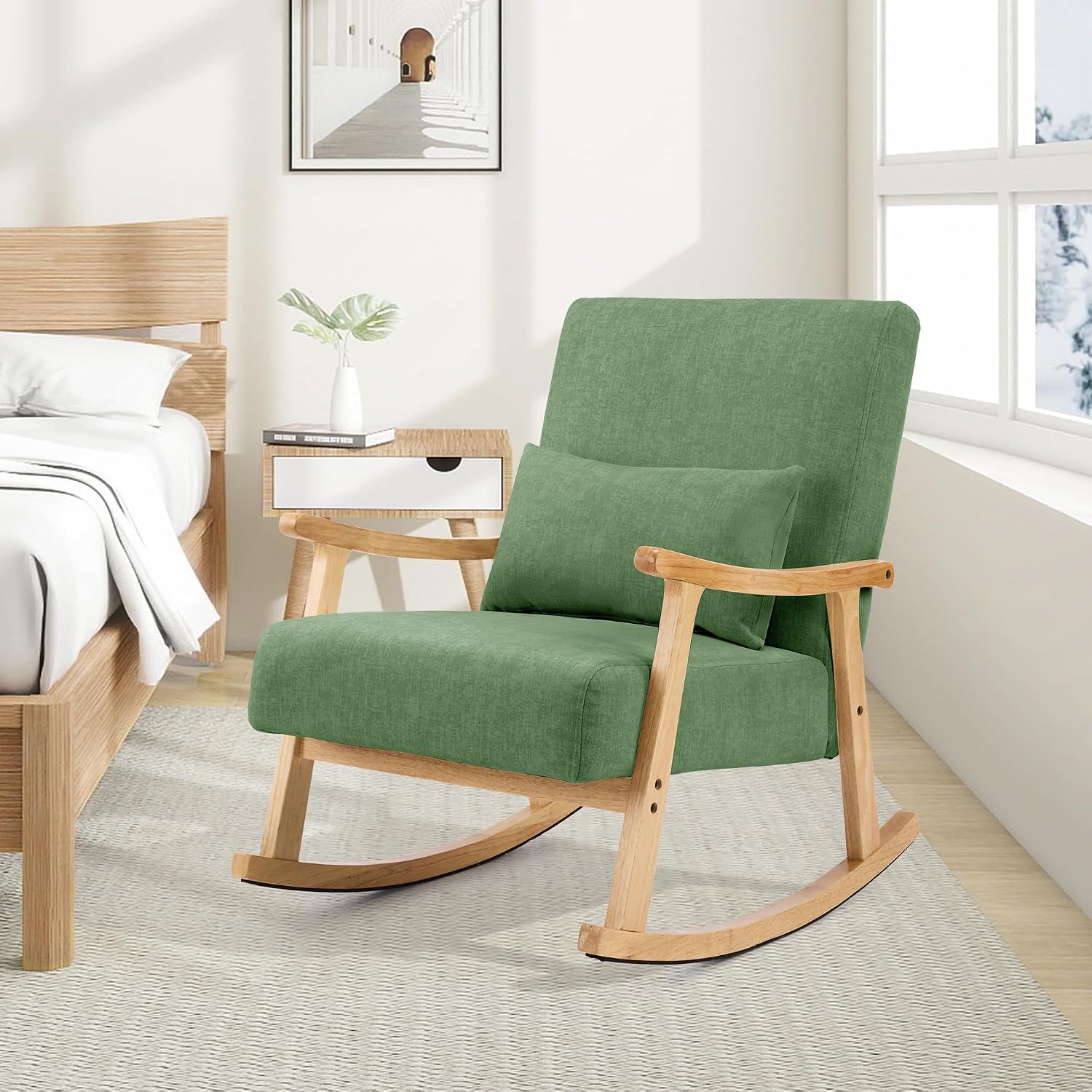 SAETSFEG Rocking Chair for Nursery with Lumbar Pillow, Upholstered Accent Chair with Solid Rubberwood Frame, Living Room & Bedroom, Cozy Reading Chair for Small Spaces, Green