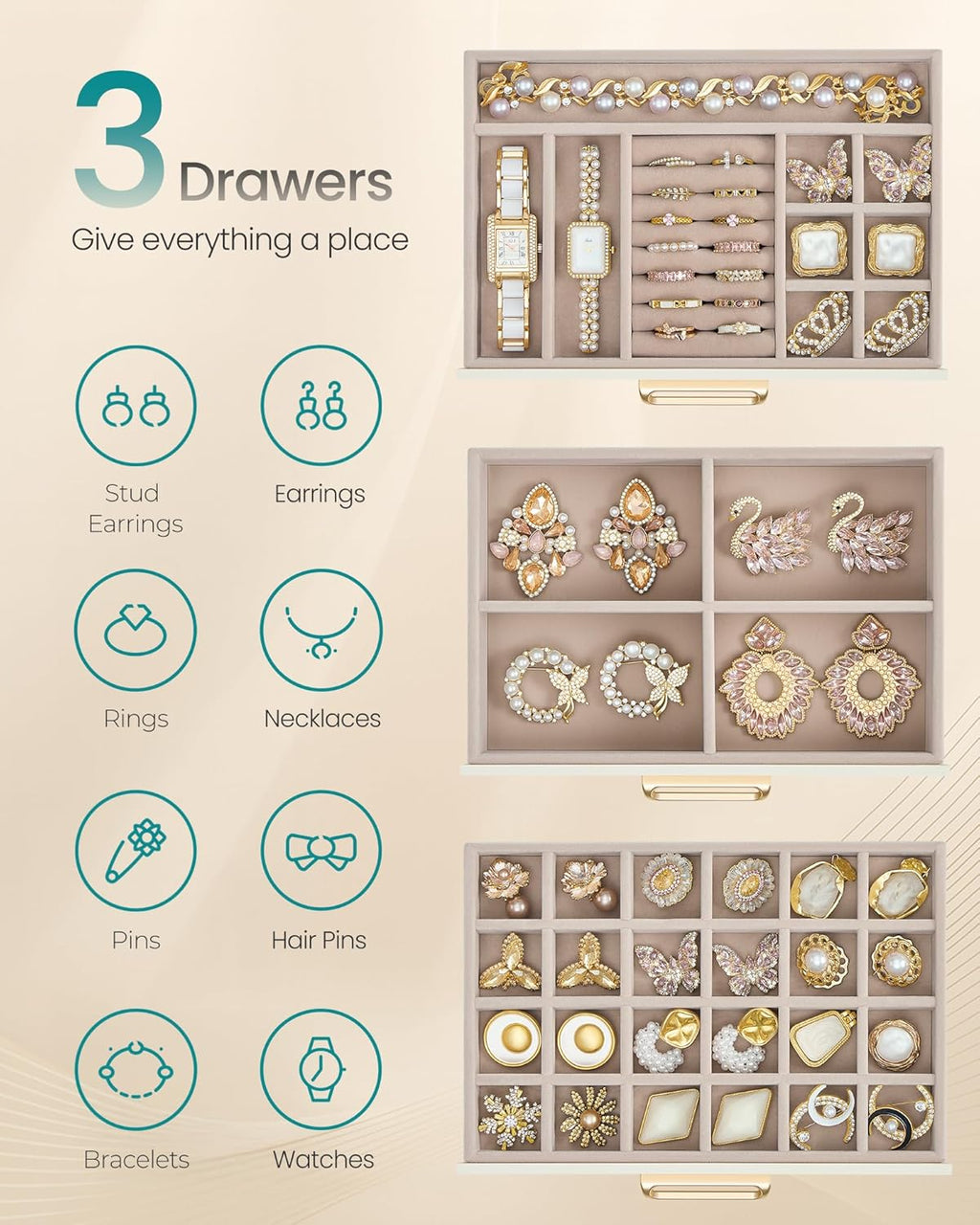 SONGMICS 3-Layer Jewelry Box with Glass Window, Jewelry Storage Organizer with 3 Drawers, Golden Handles, for Rings, Earrings, Bracelets, Gift Idea, Cream White, 6.3 x 9.4 x 4.9 Inches UJBC206WD02S