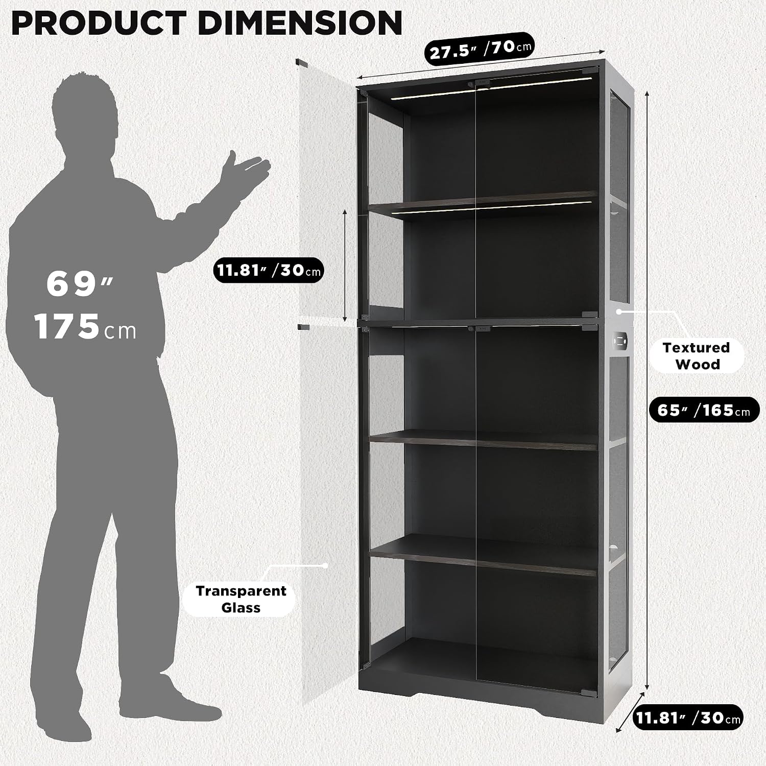 Display Cabinet with Glass Doors, 5-Tier 65" Glass Display Cabinet with LED 3-Color Lights & Human Body Sensor, Curio Cabinet with Textured Wood Shelves for Collectibles, Black Wood Frame