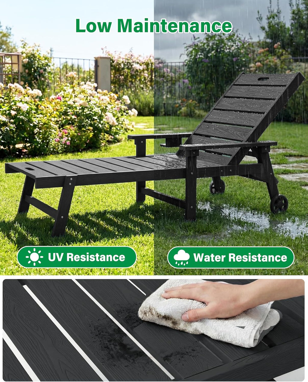 YEFU Lounge Chair Outdoor Set of 2: Outdoor Chaise Lounge with 5-Level Adjustable Backrest, Cup Holders & Wheels, All-Weather Resistance Chaise Lounge for Outside/Patio/Beach/Deck, Black