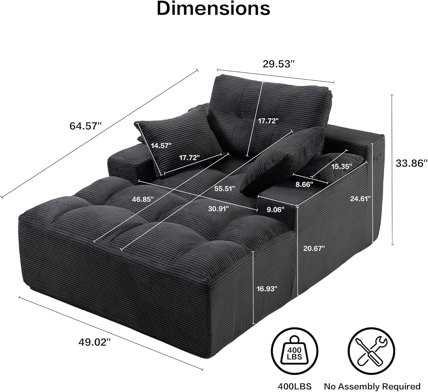 50" Oversized Boneless Chaise Lounge Chair Indoor, Plush Faux Fur Cloud Sofa Couch with Pillows, No Assembly Deep Seat Reading Chair Bed, Cozy Floor Couch for Living Room or Bedroom