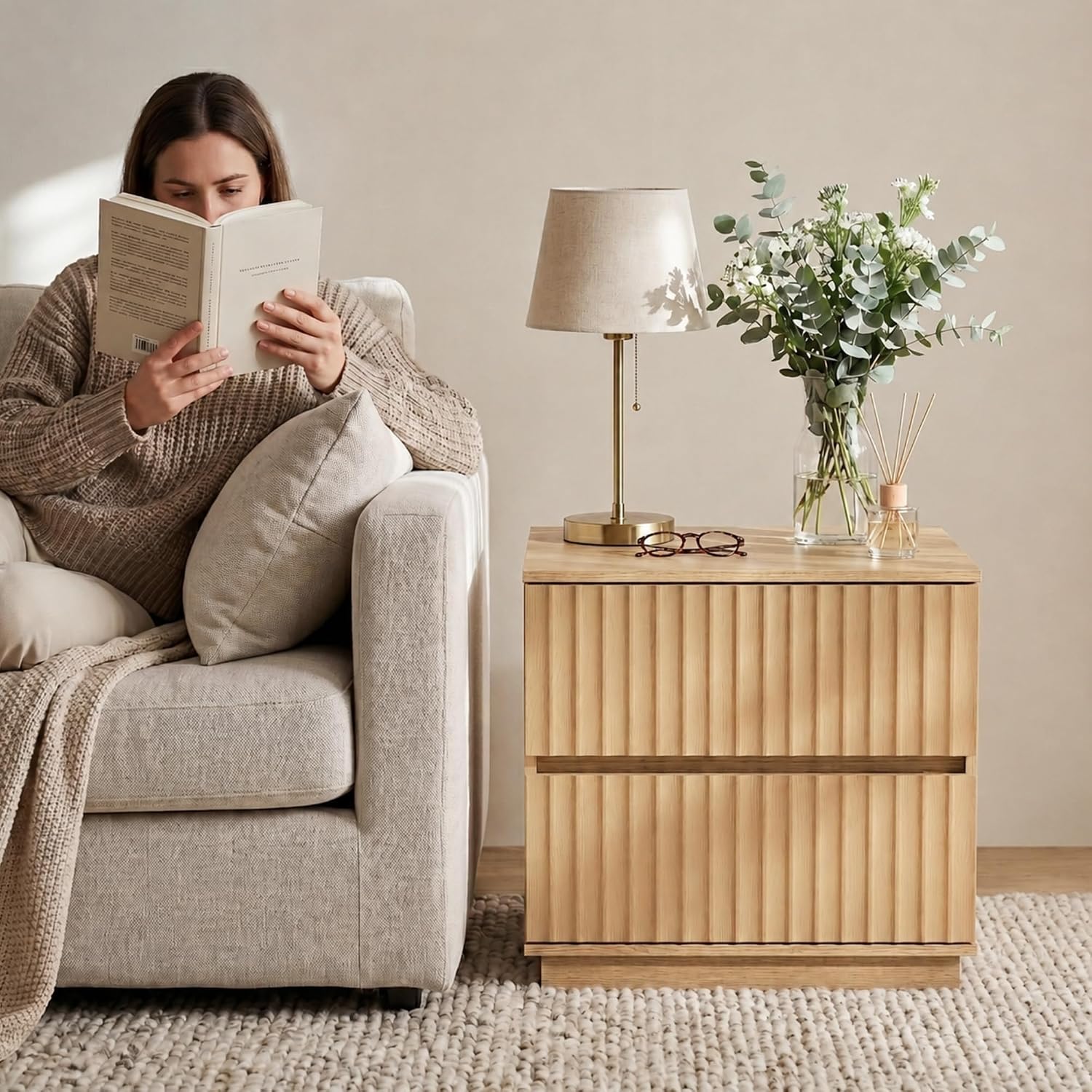Fluted Nightstand with 2 Drawers, 23.6-Inch Wide, Natural Oak | Modern bedside table for a calm, organized bedroom; ribbed fronts, light wood tones and handleless lines add Japandi appeal