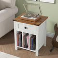 Farmhouse Record Player Stand with Vinyl Record Storage, End Table with Charging Station, Wood Record Holder Cabinet Dispaly Shelf for Living Room,Bedroom,Office,White