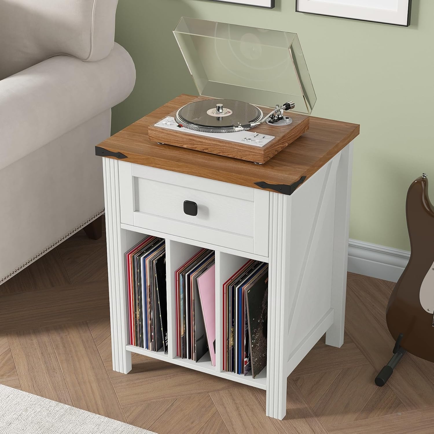 Farmhouse Record Player Stand with Vinyl Record Storage, End Table with Charging Station, Wood Record Holder Cabinet Dispaly Shelf for Living Room,Bedroom,Office,White