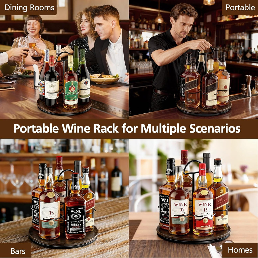 360° Rotating Wine and Coffe Syrup Bottle Rack, 6-Bottle Countertop Organizer with Non-Slip Base, Space-Saving Liquor and Syrup Bottle Display Shelves for Home Bar and Kitchen