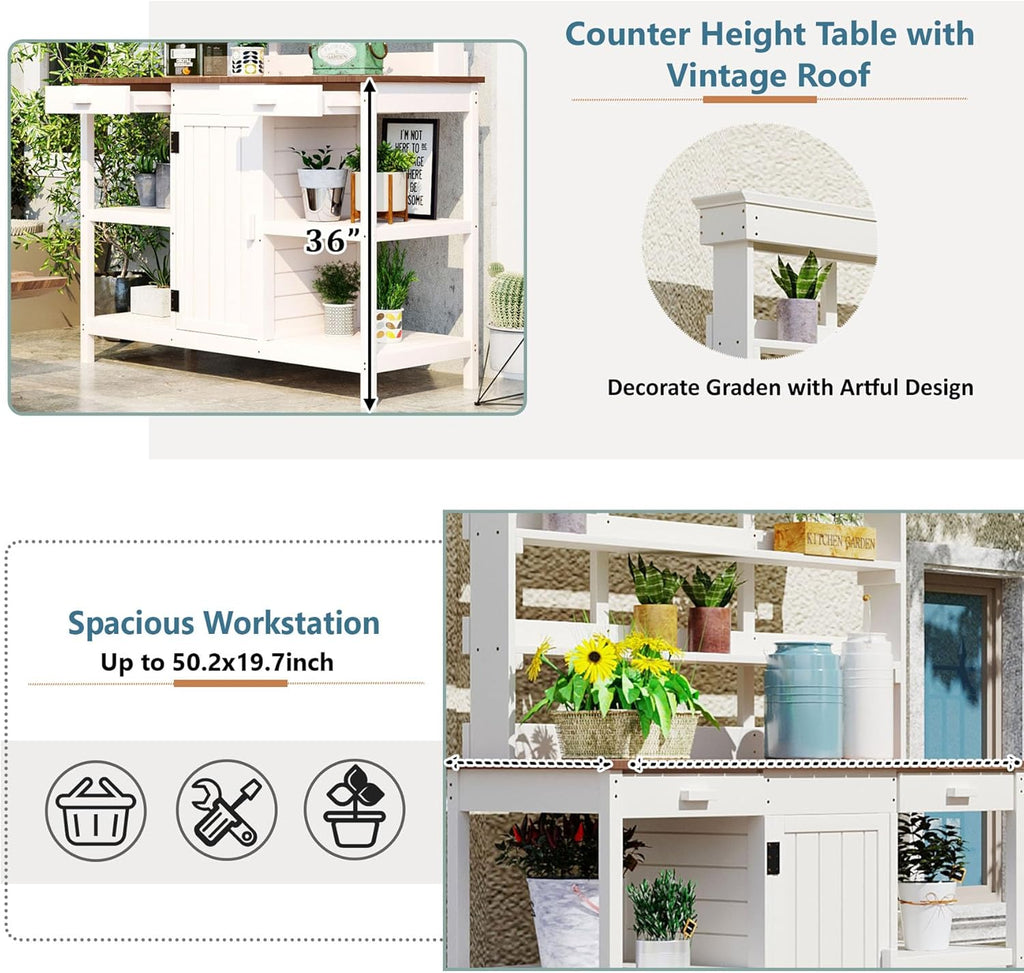 66” Large Outdoor Potting Table with 2 Drawers, Cabinet, Open Shelves, Wooden Potting Bench for Garden, Patio, Farmhouse, Backyard, Spacious Workstation (White, 66")