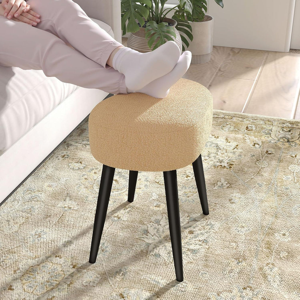 Teddy Velvet Vanity Stool, Upholstered Makeup Chair with Sturdy Metal Legs, Soft Padded Ottoman Footrest, Modern Accent Stool for Bedroom, Living Room, Entryway (Camel, 17.7in H)