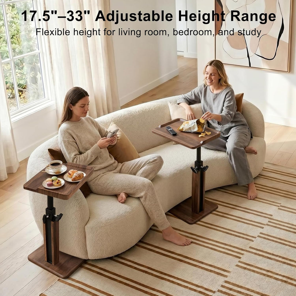 Modern Tv Tray Table, Adjustable Height Small C Shape Side Table for Sofa, Living Room, Laptop, Bedside - Black Walnut Look