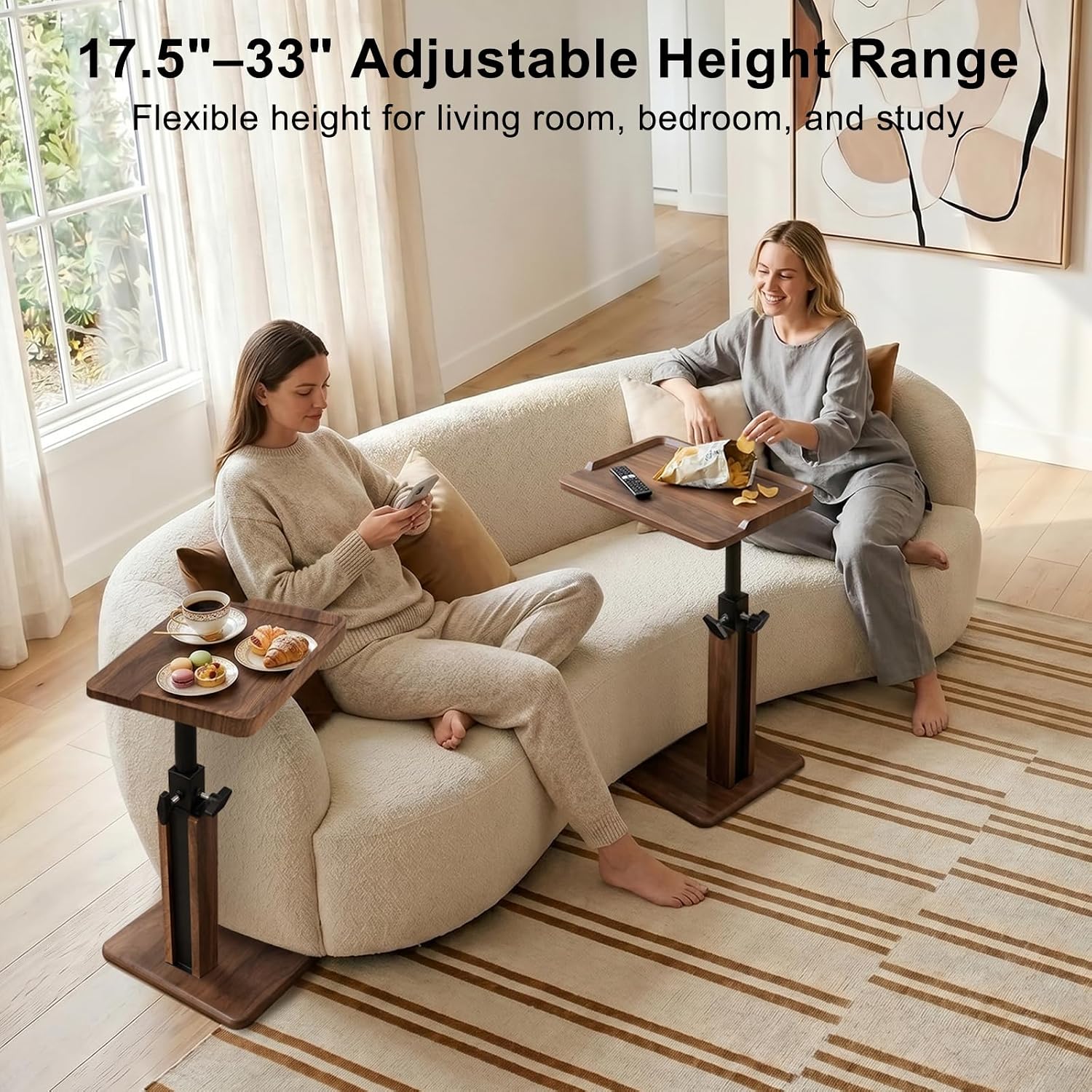 Modern Tv Tray Table, Adjustable Height Small C Shape Side Table for Sofa, Living Room, Laptop, Bedside - Black Walnut Look