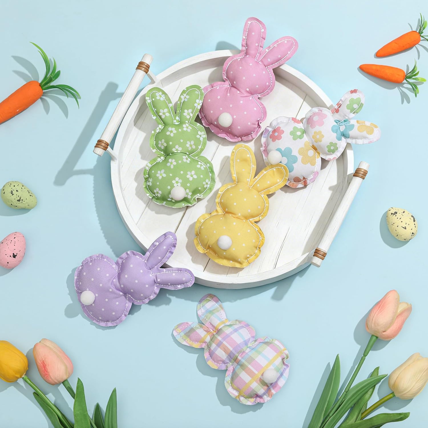 Easter Stuffed Fabric Bunnies - 6Pcs Handcrafted Fabric Bunnies for Tiered Trays - Spring Home Decor, Adorable Easter Stuffers for Basket Bowl Vase