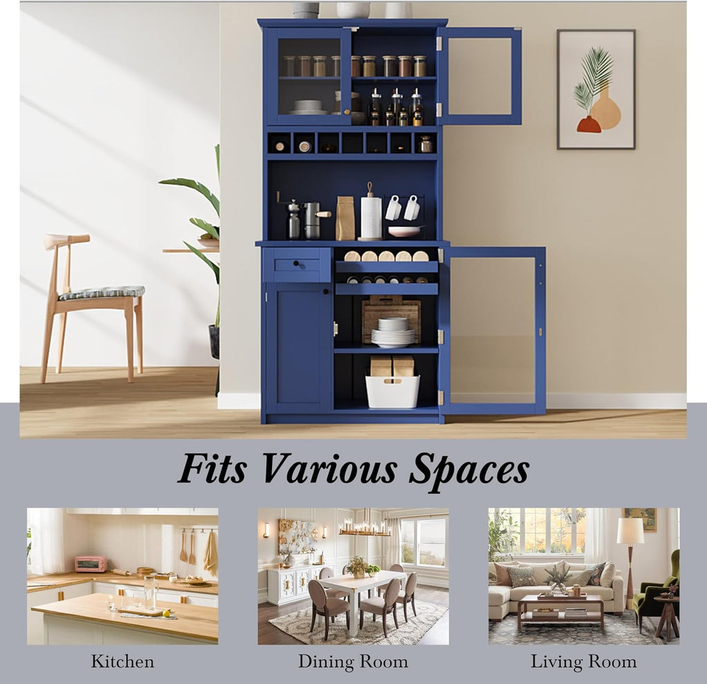 Kitchen Pantry Storage Cabinet, Tall Freestanding Farmhouse Buffet with Hutch 74.8” Tall, Adjustable Shelves & Wine Rack Built in, Large Cupboard for Living Room, Dining Room, Blue