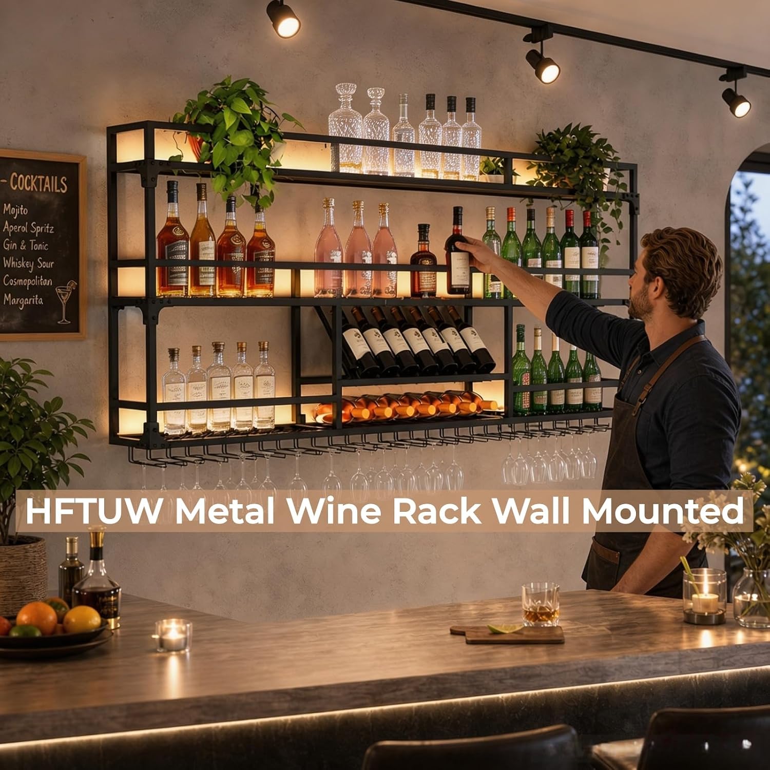 59Inch Metal Wall-Mounted Wine Rack with LED Light - 3 Tier Wine Storage Display Rack with Glass Holder - Space-Saving Bottle Display Shelf for Home Bars, Dining Rooms, Black