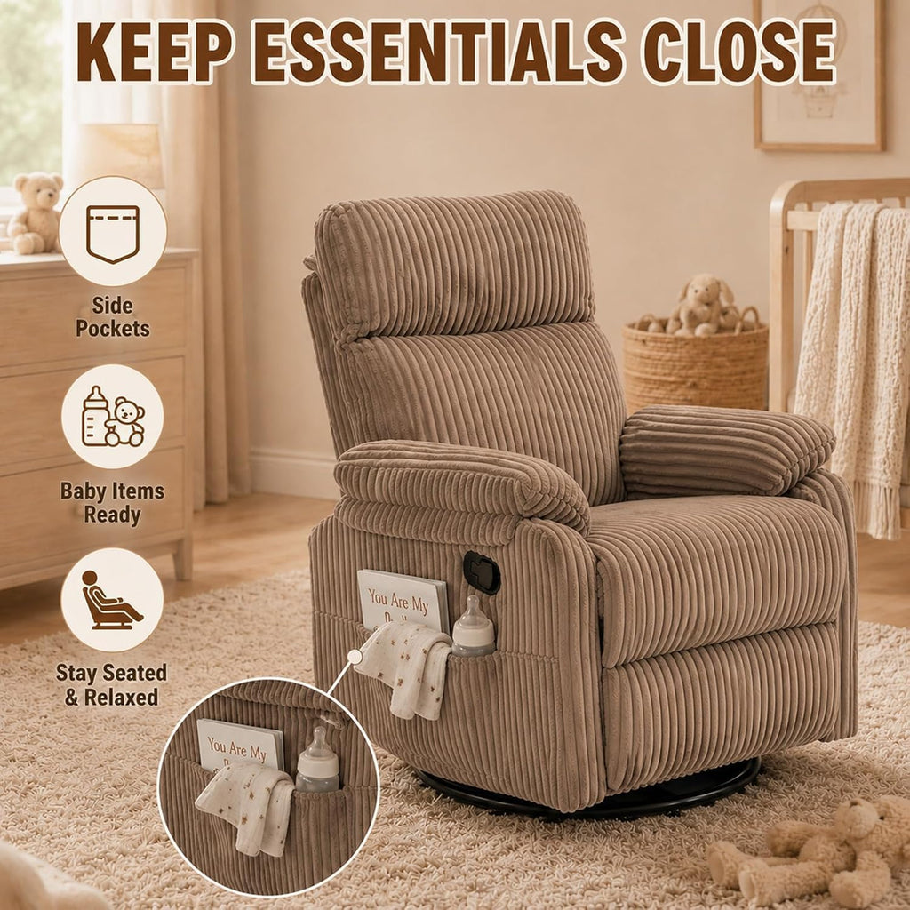 Super Soft Brown Rocking Chair Nursery Recliners, Small Recliner Rocking Chair for Small Spaces, Manual Swivel Glider Recliner for Living Room Bedroom Office, Corduroy, Adjustable Backrest (Brown, 1)
