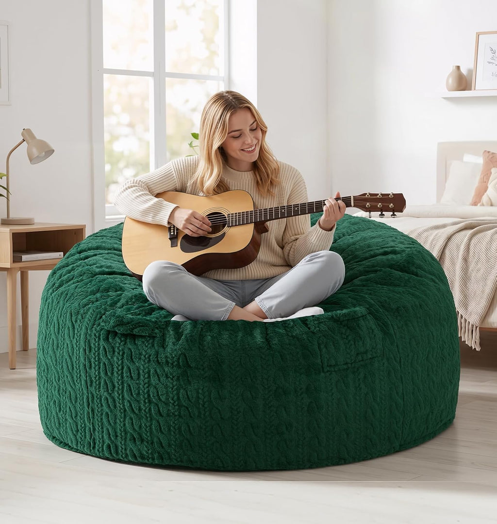 4FT Bean Bag Chair Large Beanbag Chairs for Adults with Memory Foam Removable Cover Luxurious Braided Fabric, Adult Bean Bag Chairs for Living Room Bedroom Gaming Dorm Office（Green,4FT-44"*44"*24"）