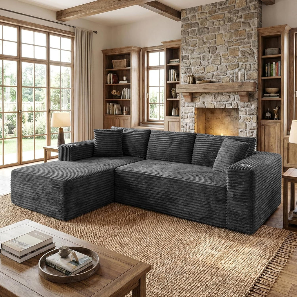 Shintenchi 103" Boneless Couches for Living Room with 2 Cup Holders,L Shaped Modular Sectional Sofa Set,No Assembly Needed Plush Corduroy Living Room Set,Dark Gray