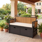 Outdoor Storage Bench, Outside Cushioned Loveseat Seating with Acacia Wood Backrest, 2 Folding Side Tables & 2 Doors, PE Rattan Deck Box for Patio Cushions, Garden Tools & Pool Supplies