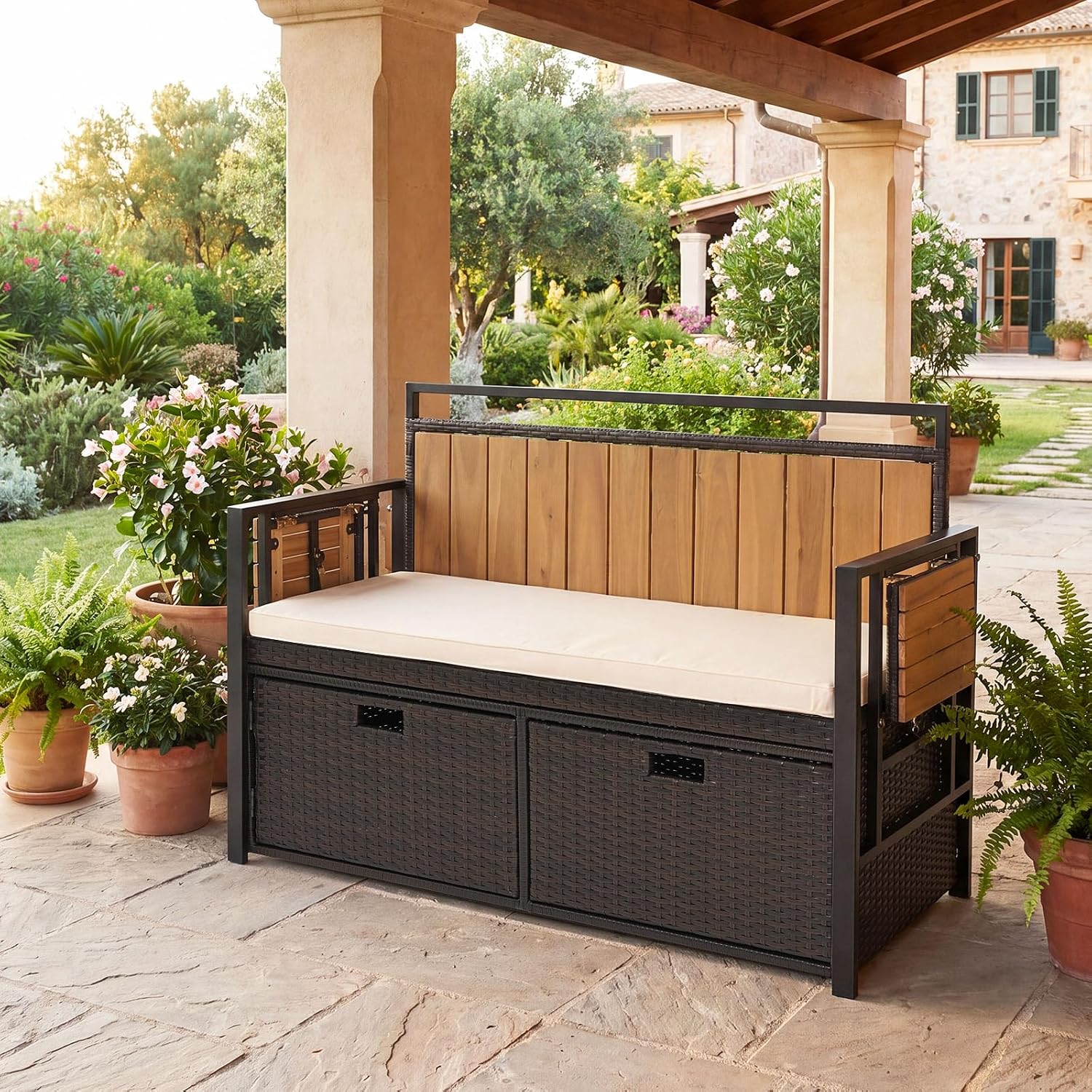 Outdoor Storage Bench, Outside Cushioned Loveseat Seating with Acacia Wood Backrest, 2 Folding Side Tables & 2 Doors, PE Rattan Deck Box for Patio Cushions, Garden Tools & Pool Supplies