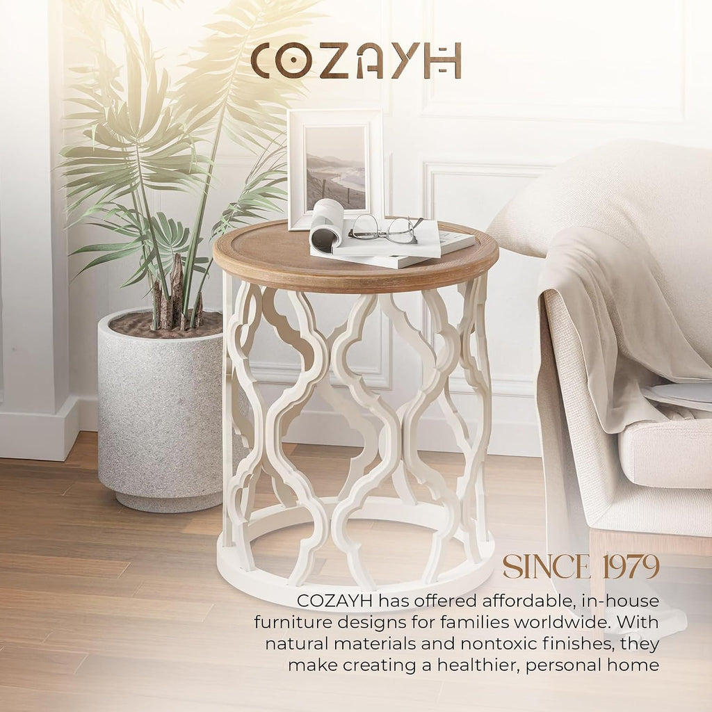COZAYH Set of 2 Farmhouse End Table, Distressed Tray Top Side Table with Curved Motif Frame Base for Boho, Rustic, French Country, Small Space, Round, White (2 Pack)