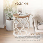 COZAYH Set of 2 Farmhouse End Table, Distressed Tray Top Side Table with Curved Motif Frame Base for Boho, Rustic, French Country, Small Space, Round, White (2 Pack)