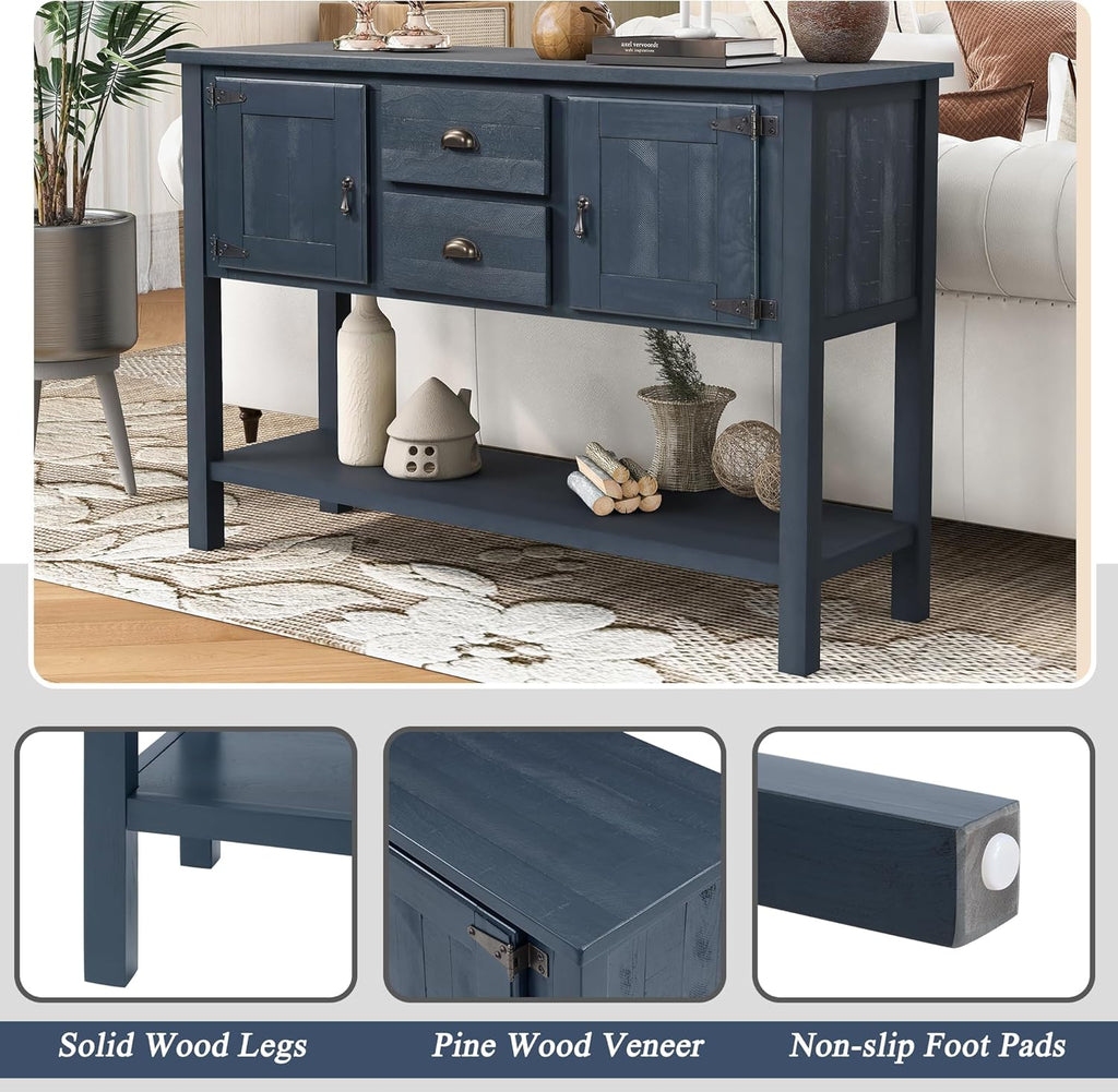 46'' Solid Wood Console Table Sideboard with 2 Drawers and Cabinets and Bottom Shelf, Retro Style Storage Dining Buffet Server Cabinet, for Living Room Kitchen Dining Room (Navy Blue-01)