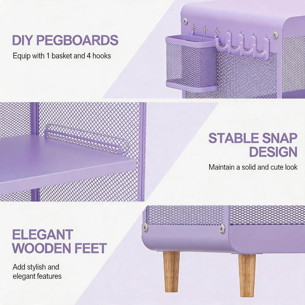 SYKIARIOL Kids Nightstand for Girls, 3-Tier Storage Shelf, Purple | Metal Bedside Table with 4 Hooks & Hanging Basket, Toddler Night Stand for Bedroom