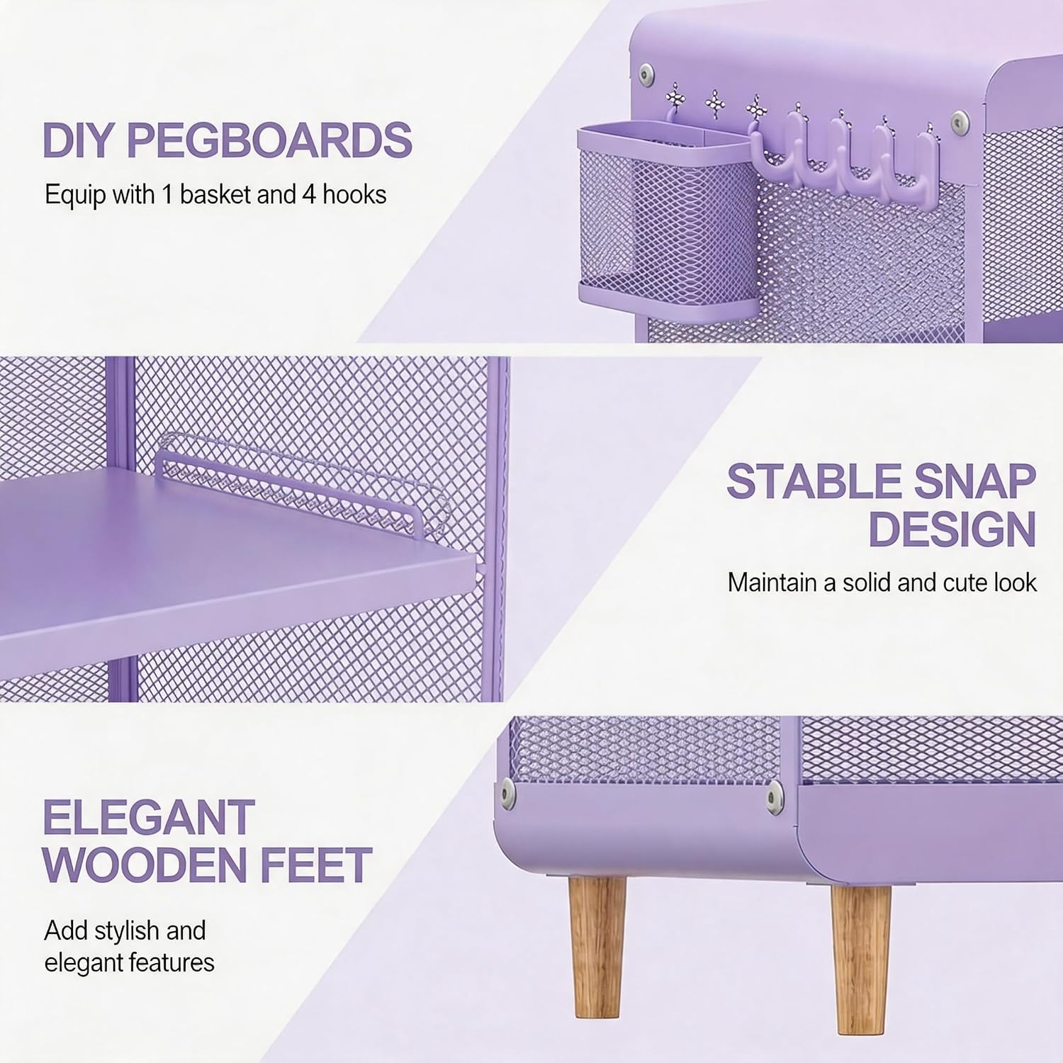 SYKIARIOL Kids Nightstand for Girls, 3-Tier Storage Shelf, Purple | Metal Bedside Table with 4 Hooks & Hanging Basket, Toddler Night Stand for Bedroom
