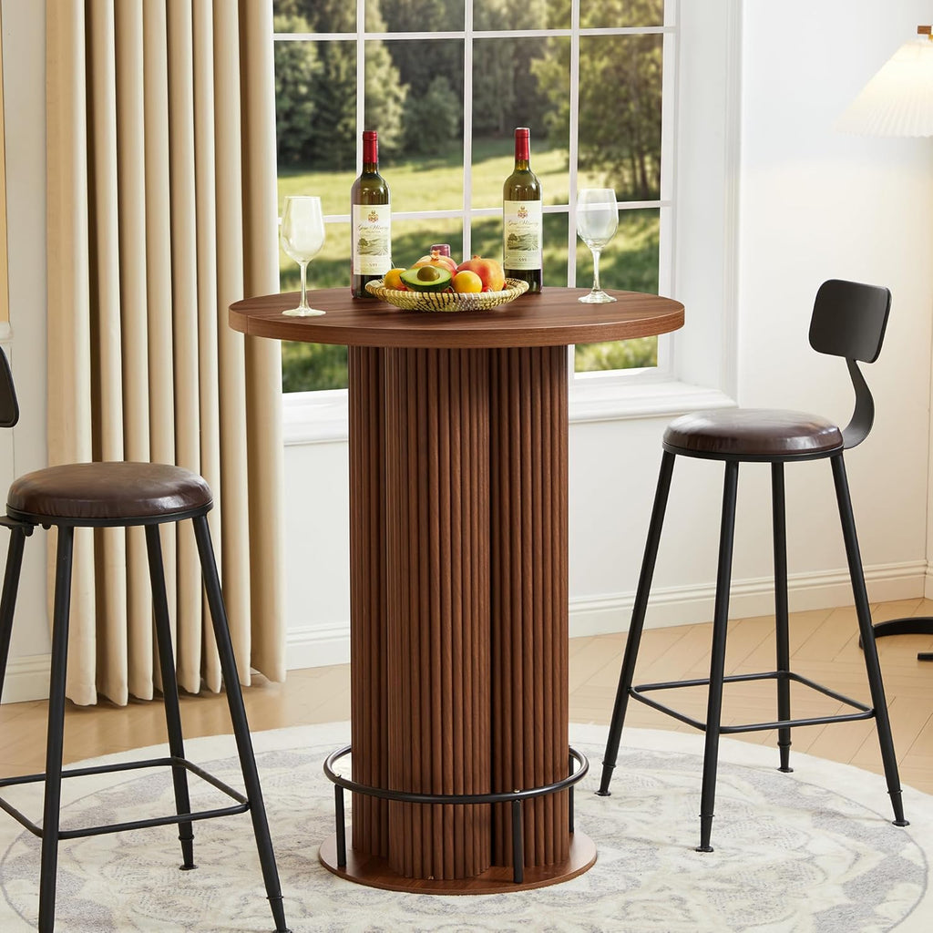 Bar Table, 39.37" H Round Bistro Table Fluted Pub Table with Base & Metal Ring Footrest Wood Cocktail Desk for Patio, Coffee House, Living Room, Kitchen, Small Space [Chairs Not Included]