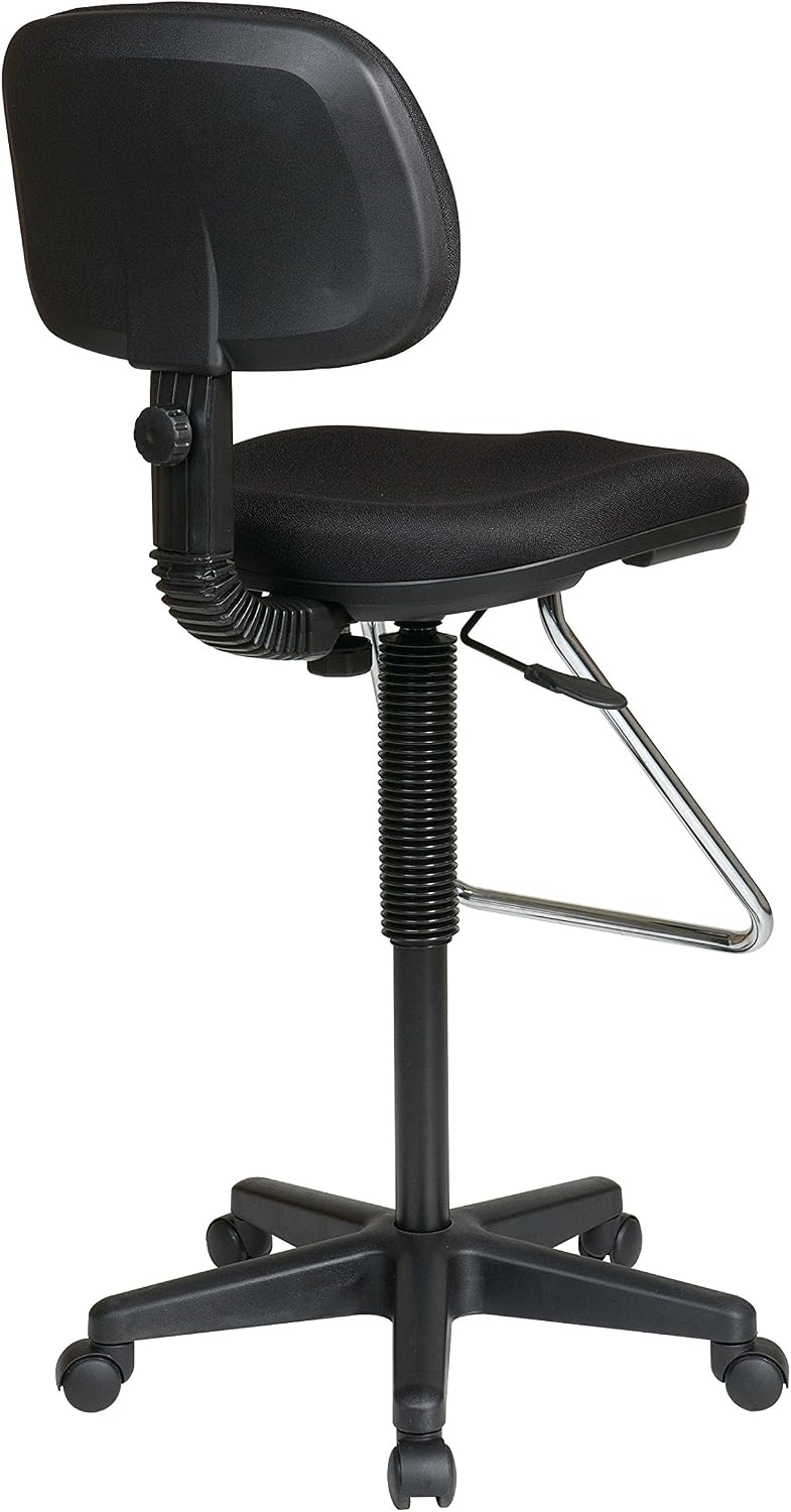 Office Star DC Series Pneumatic Adjustable Drafting Chair with Chrome Teardrop Footrest, Icon Black Fabric