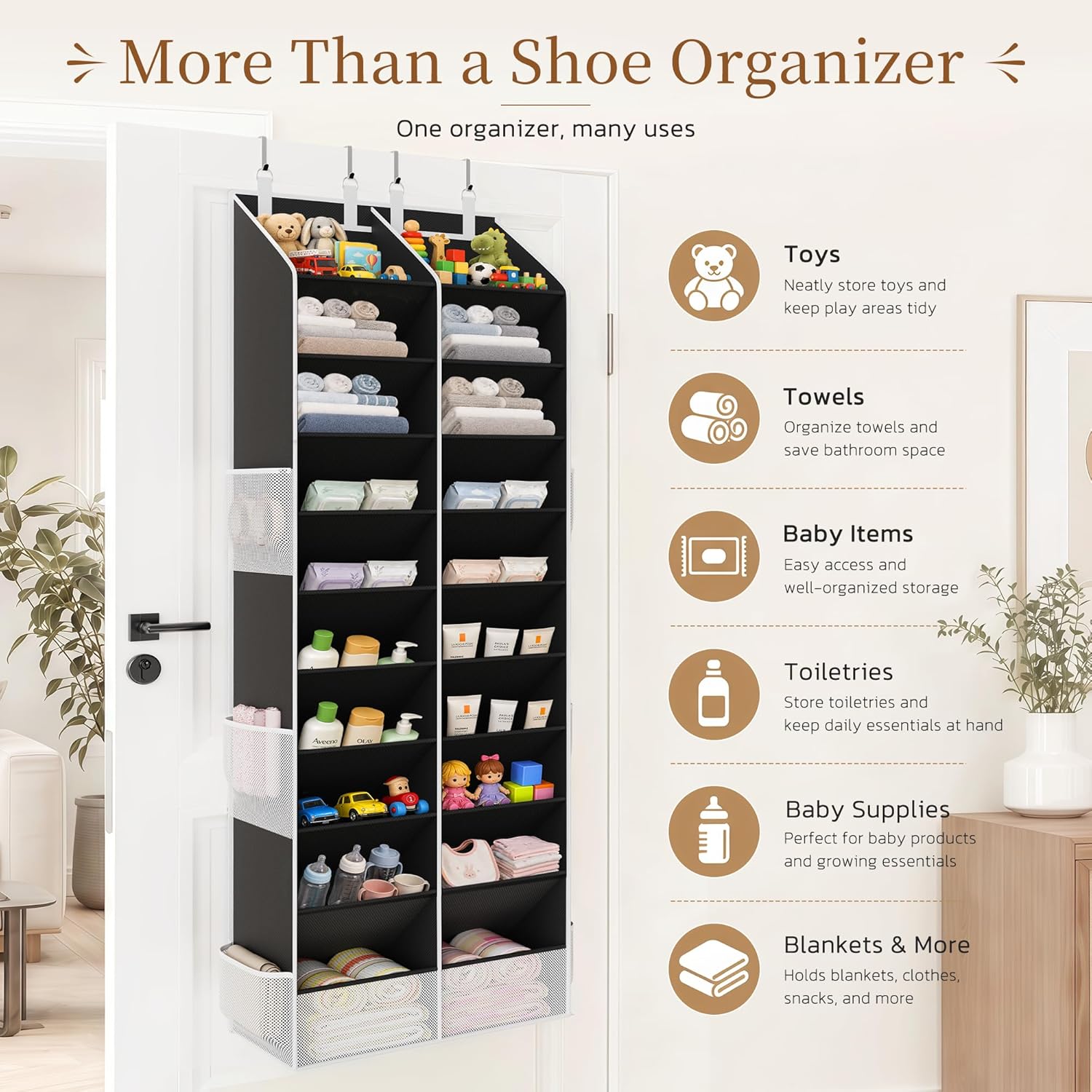 Criusia Over the Door Shoe Organizer, 20-30 Pairs Heavy-Duty Hanging Shoe Storage with Large Pockets, 10-Tier Door Shoe Rack with 4 Hooks for Sneakers Sandals Heels Boots (Black)