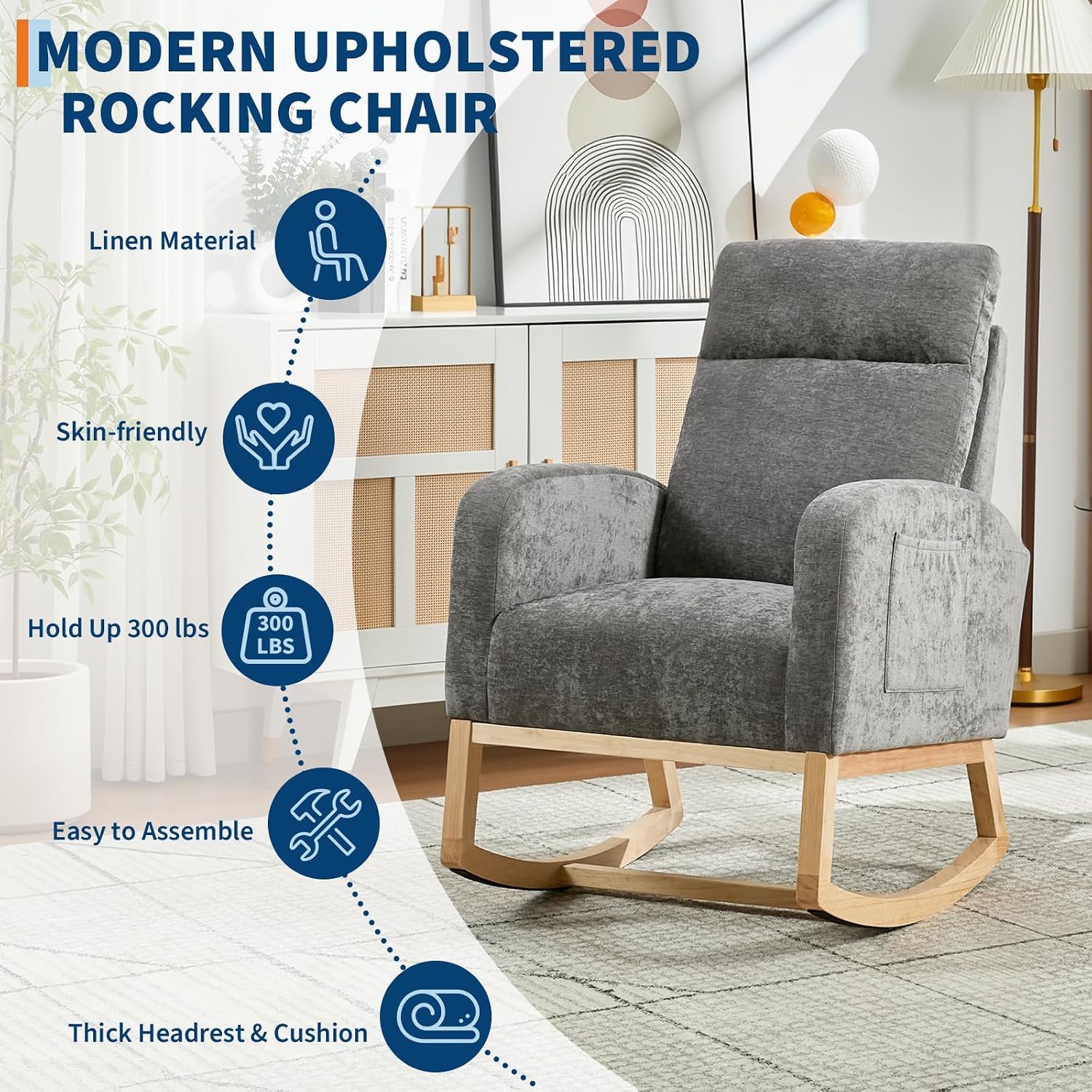 Nursery Rocking Chair, Comfy Modern Glider Rocking Chair with High Backrest and Armrest, Teddy Upholstered Rocking Accent Chair with Side Pockets for Living Room, Bedroom, Office,Dark Gray