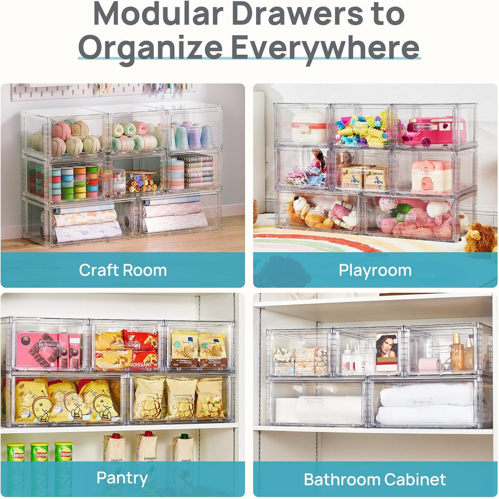 Vtopmart 4 Pack Clear Stackable Storage Drawers 15QT, Easily Assemble Closet Organizers,Plastic Storage Bins for Bathroom,Cabinet,Kitchen Pantry,Under Sink Organization(Medium)
