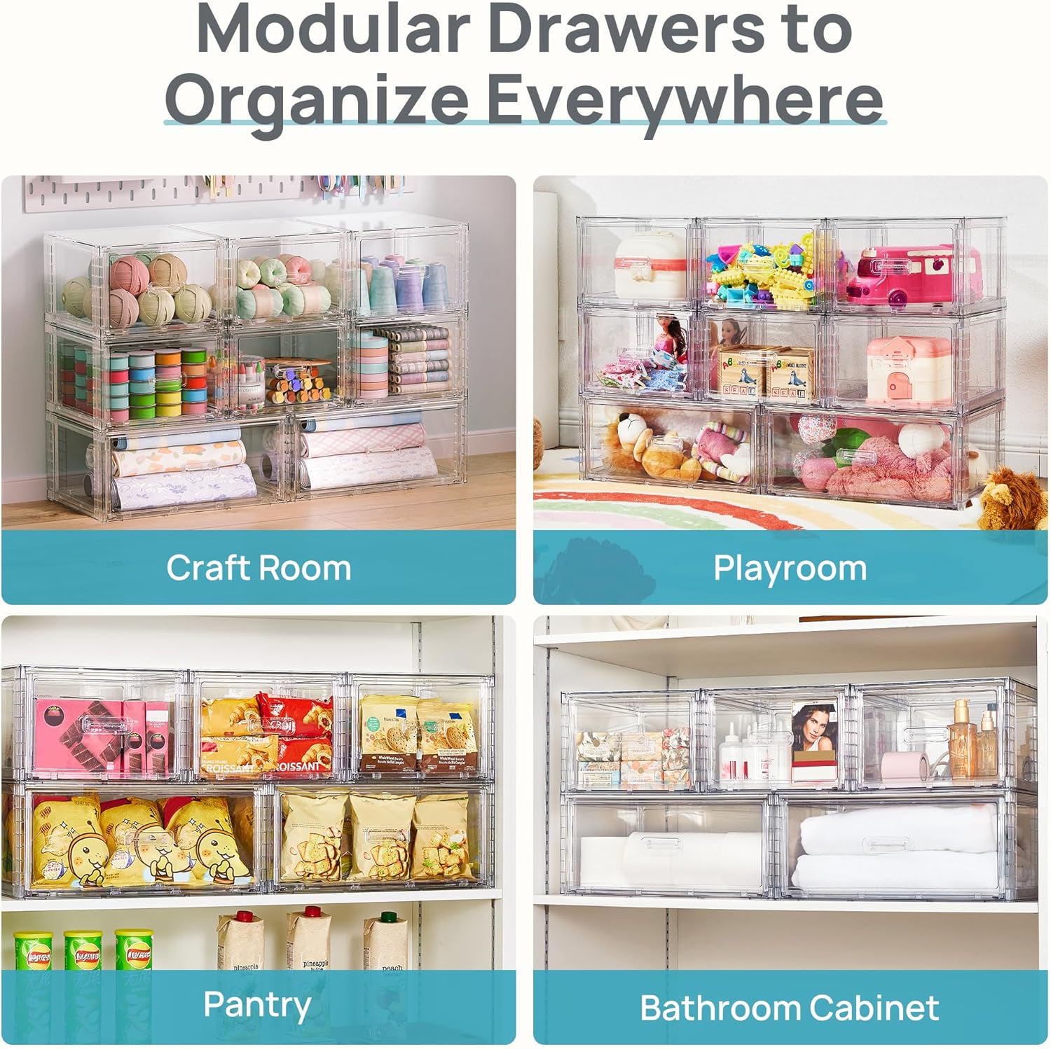 Vtopmart 4 Pack Clear Stackable Storage Drawers 15QT, Easily Assemble Closet Organizers,Plastic Storage Bins for Bathroom,Cabinet,Kitchen Pantry,Under Sink Organization(Medium)