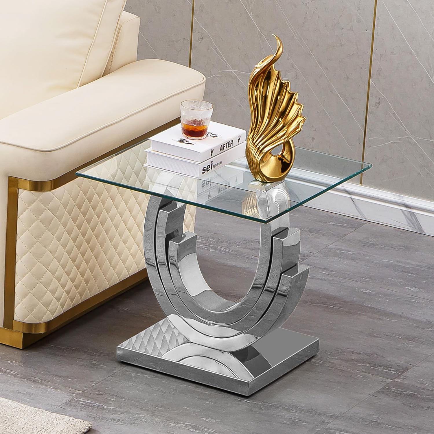 Glass End Table, 22.83" Square Side Table with Tempered Glass Top and Silver Mirror Finish Stainless Steel Three U-Shaped Base, Modern Small End Side Table for Living Room