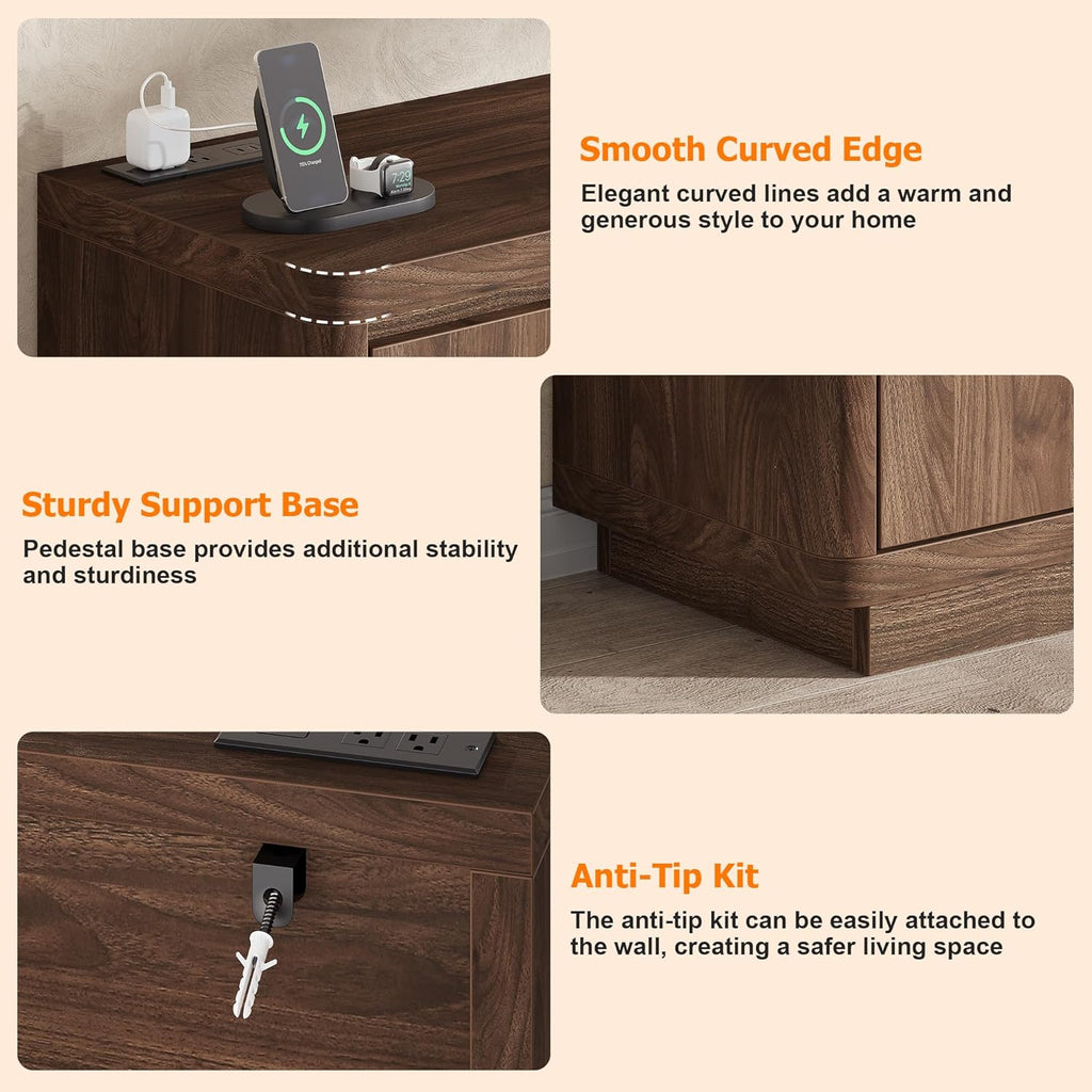 knoworld 63" Buffet Cabinet with Storage & Power Outlet, Fluted Sideboard Credenza with Double-Arc Doors, Mid-Century Modern Coffee Bar Cabinet Console Table for Dining Room, Living Room, Walnut
