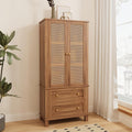 64" Tall Pantry Cabinet, Rattan Doors, 2 Drawers, Adjustable Shelves, Anti-Tip Design, Hard Wood, Walnut Finish for Kitchen, Dining, Living Room